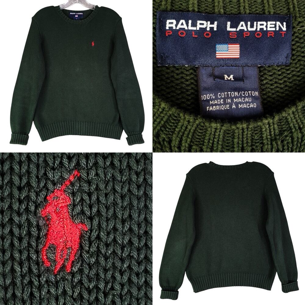 Polo Ralph Lauren Sport Vtg Sweater Men's Size Medium M Cotton LS Pullover Green